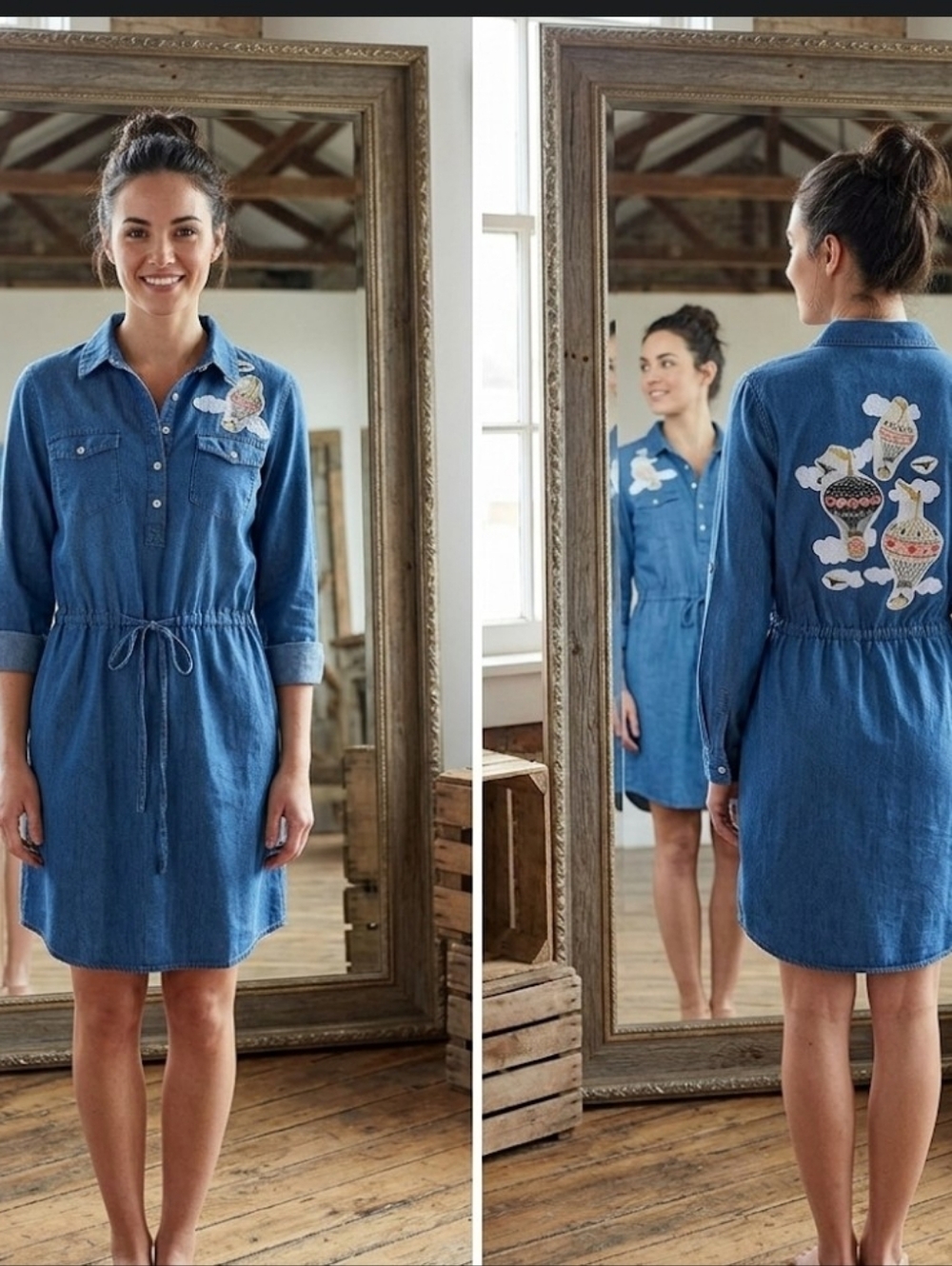 Hot air balloon applique chambray Dress M handpainted clouds upcycled
